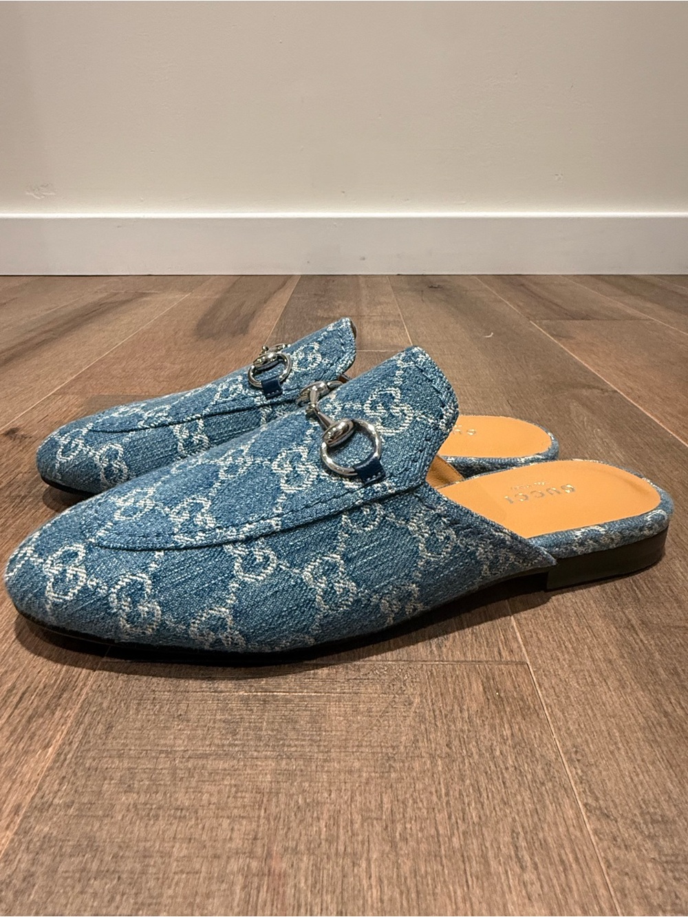 Gucci Denim Horsebit Backless Loafers in Blue